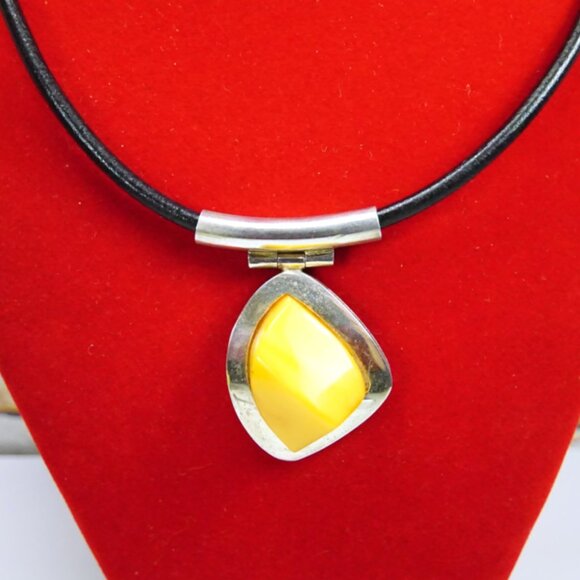 Baltic Amber and 925 Silver Black Leather Cord Modernist Necklace 18" - Her Gift - Picture 8 of 14